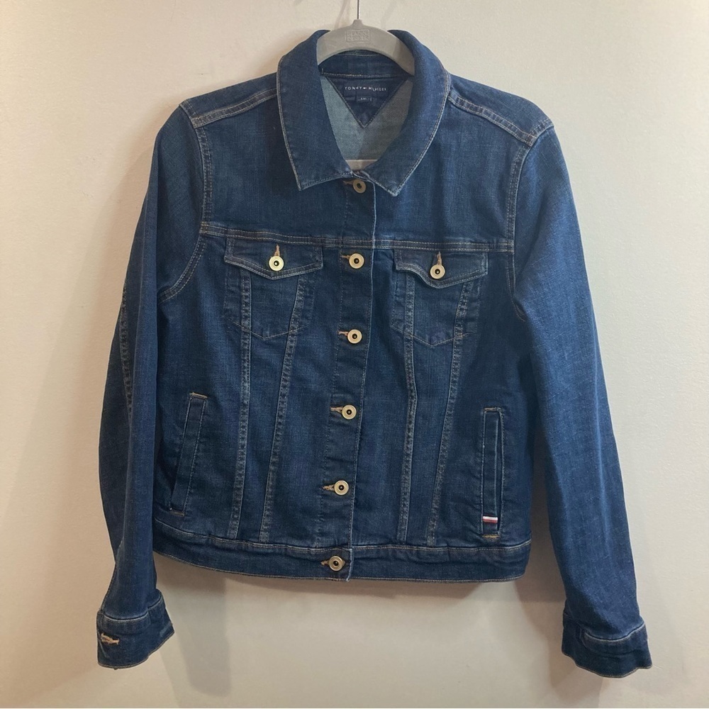 TOMMY HILFIGER Sz L Classic Collared Metal Buttons Stretch Denim Jeans Jacket